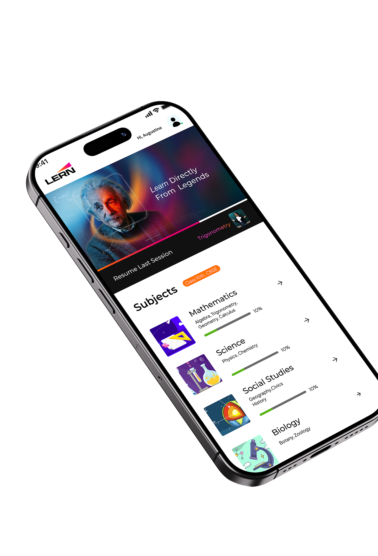 LERN app showing chapters, subjects and learning progress